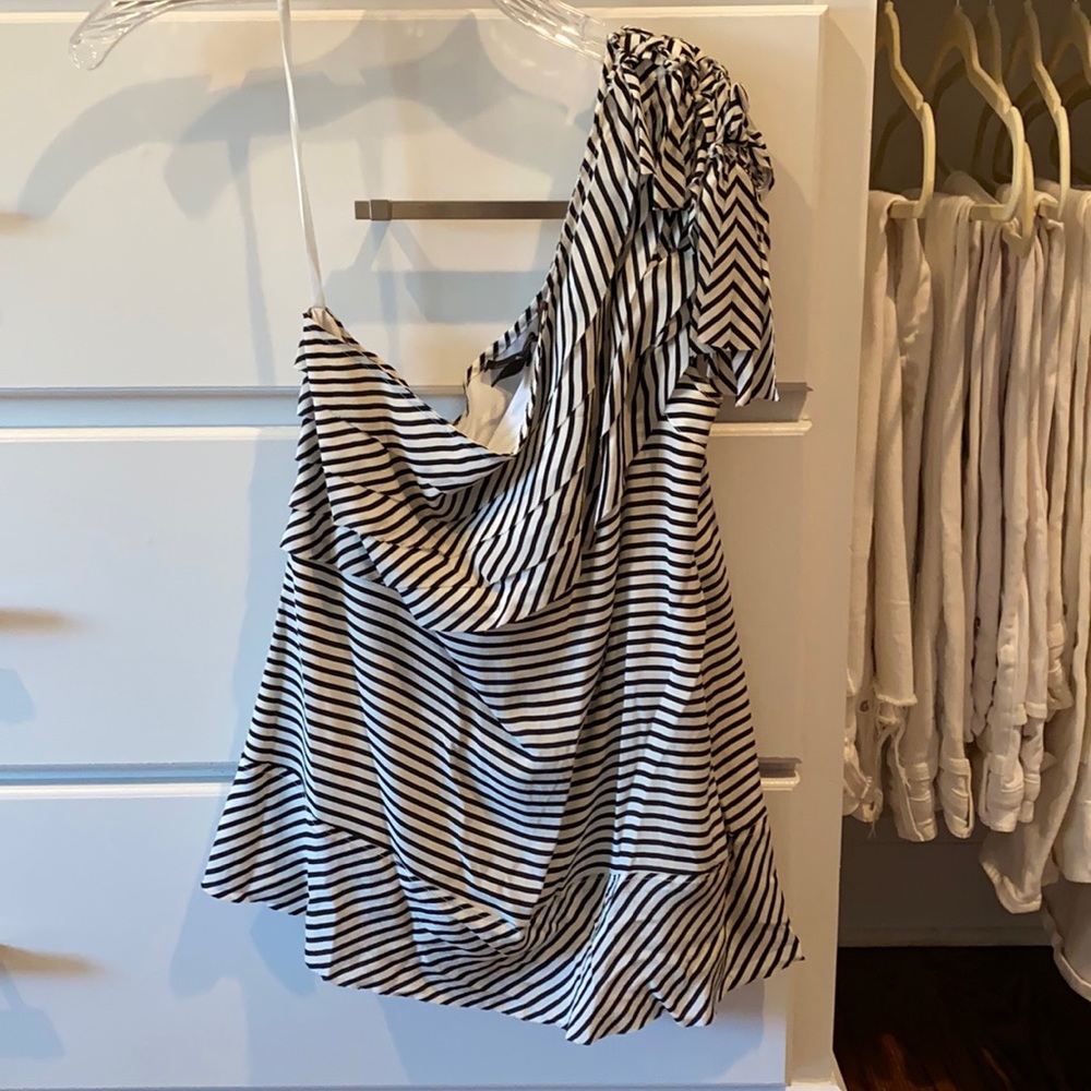 BCBG black & white striped, one shoulder blouse
